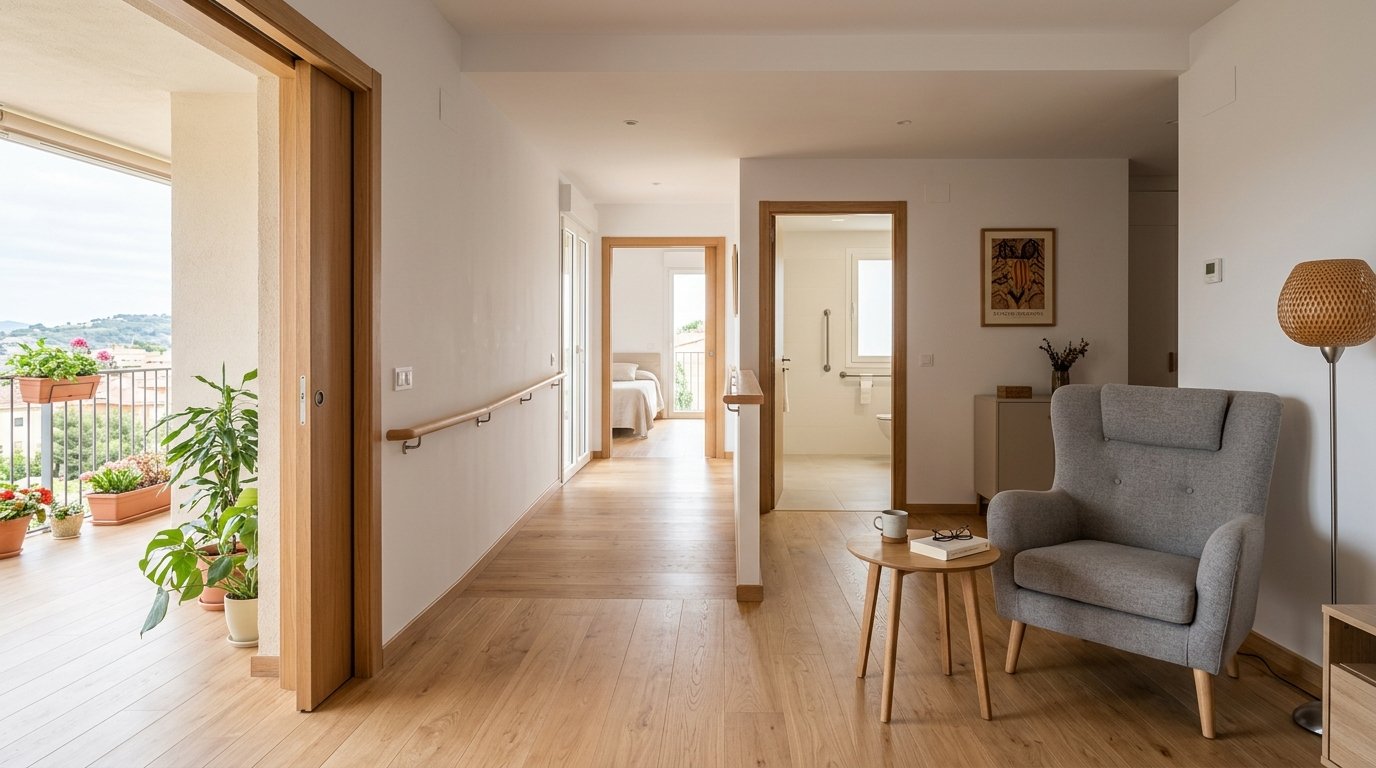Habitatge lluminós i accessible adaptat per a persones grans a Barcelona amb portes corredisses i agafadors ergonòmics