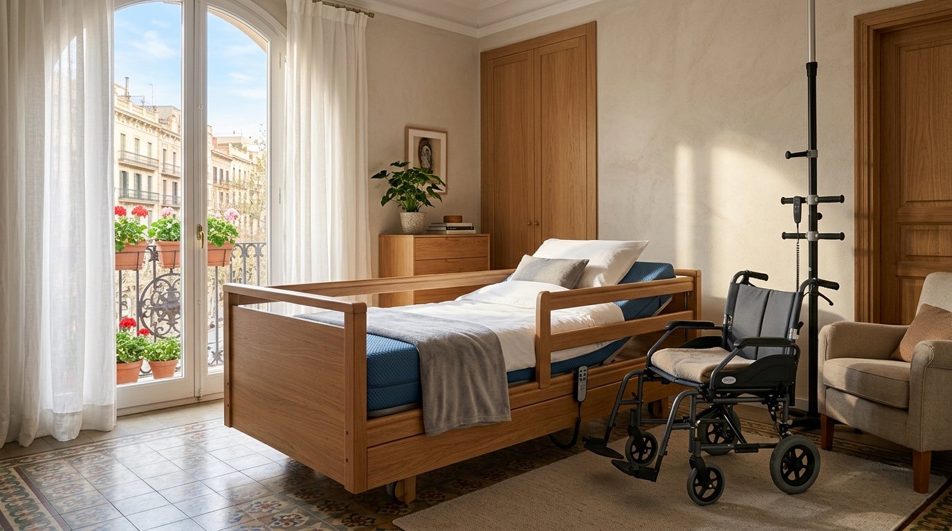 Llit articulat elèctric amb carro elevador i productes ortopèdics per a la llar a Barcelona