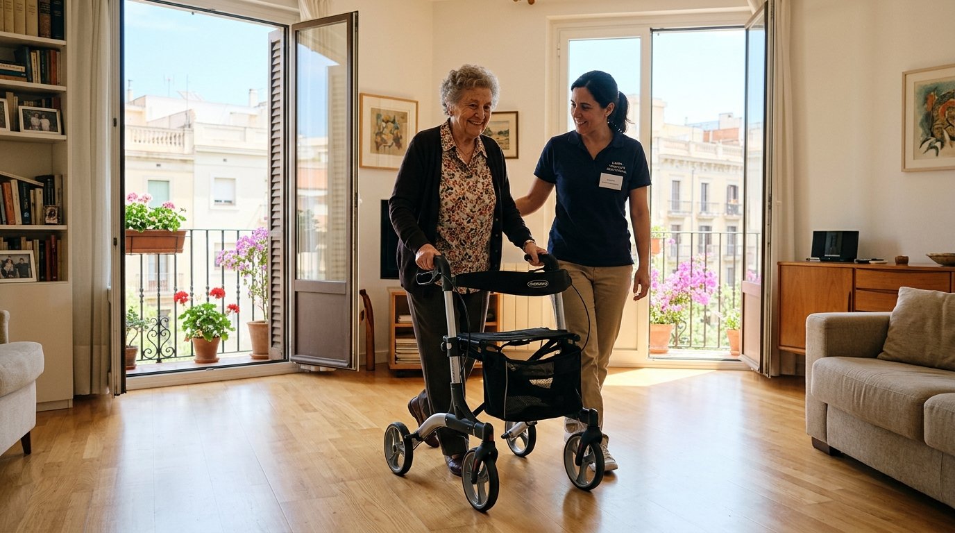 Persona gran caminant amb seguretat i caminador ergonòmic a la seva llar a Barcelona al costat d'una assessora tècnica de T-APOYAMOS