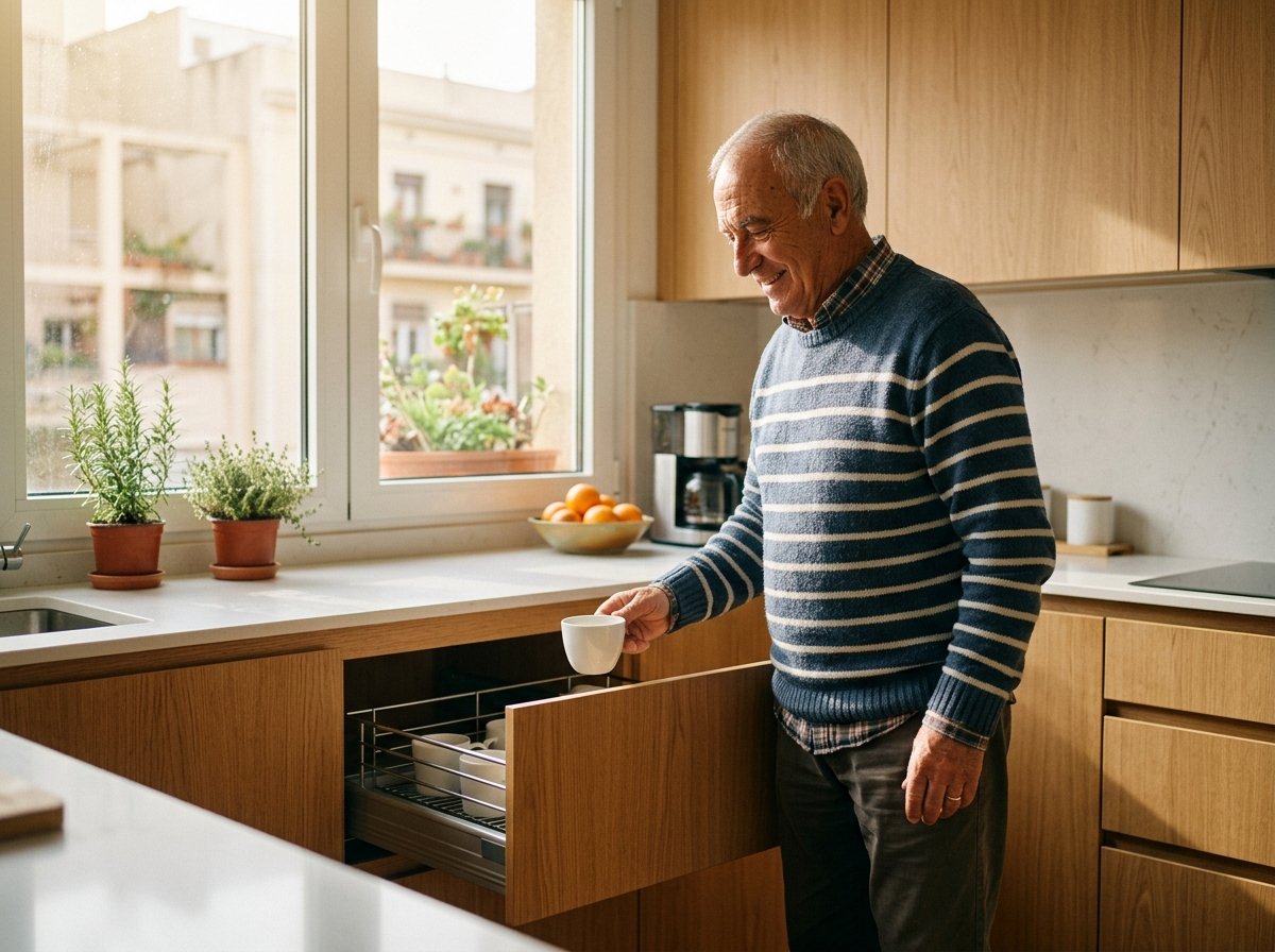 Persona gran vivint amb autonomia a la seva cuina adaptada a Barcelona